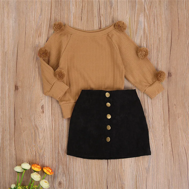 

Cute Baby Girl Clothes Autumn Winter Clothes For Girls Sweater With Pompons On Long Sleeves And Button A-line Solid Mini Skirts