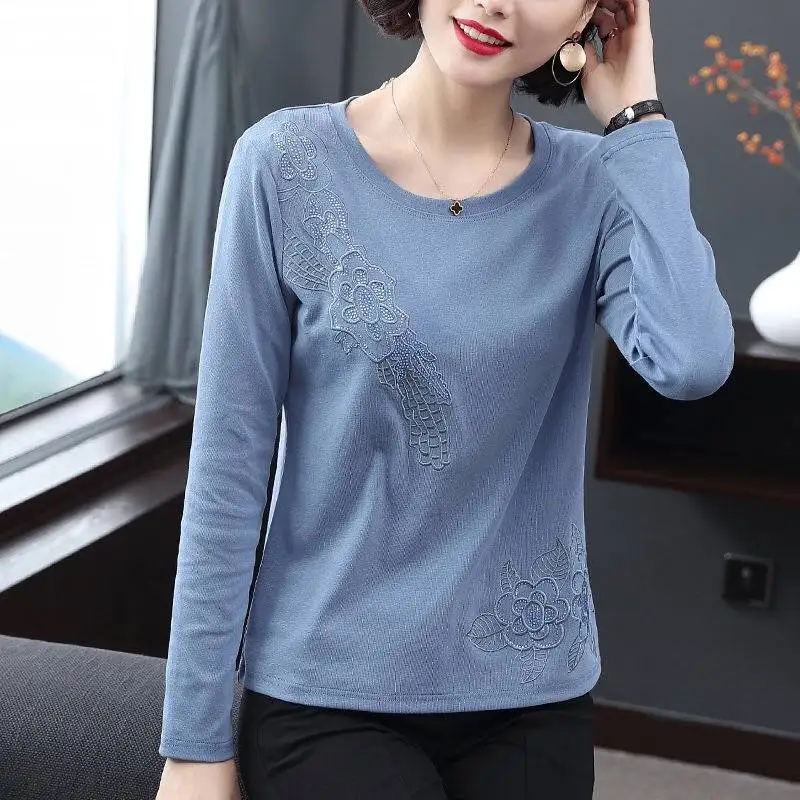 Женская хлопковая Футболка с вышивкой Однотонная футболка длинным рукавом и