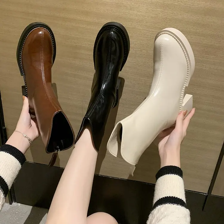 

2021 Women Leather Western Boots Round Toe Zipper Shoes Platform Thick High Heel Short Boots Autumn Winter Wine Red