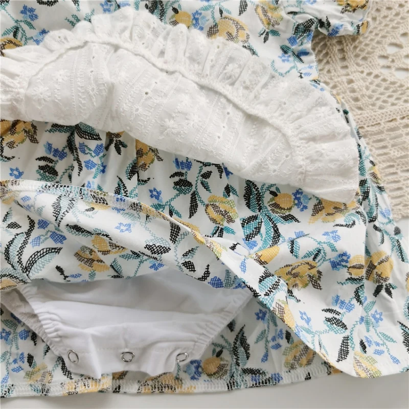 

Baby Fashion Blossom Print Lapels Summer Dress ewborn Infant Skirt Cotton Romper With Headband