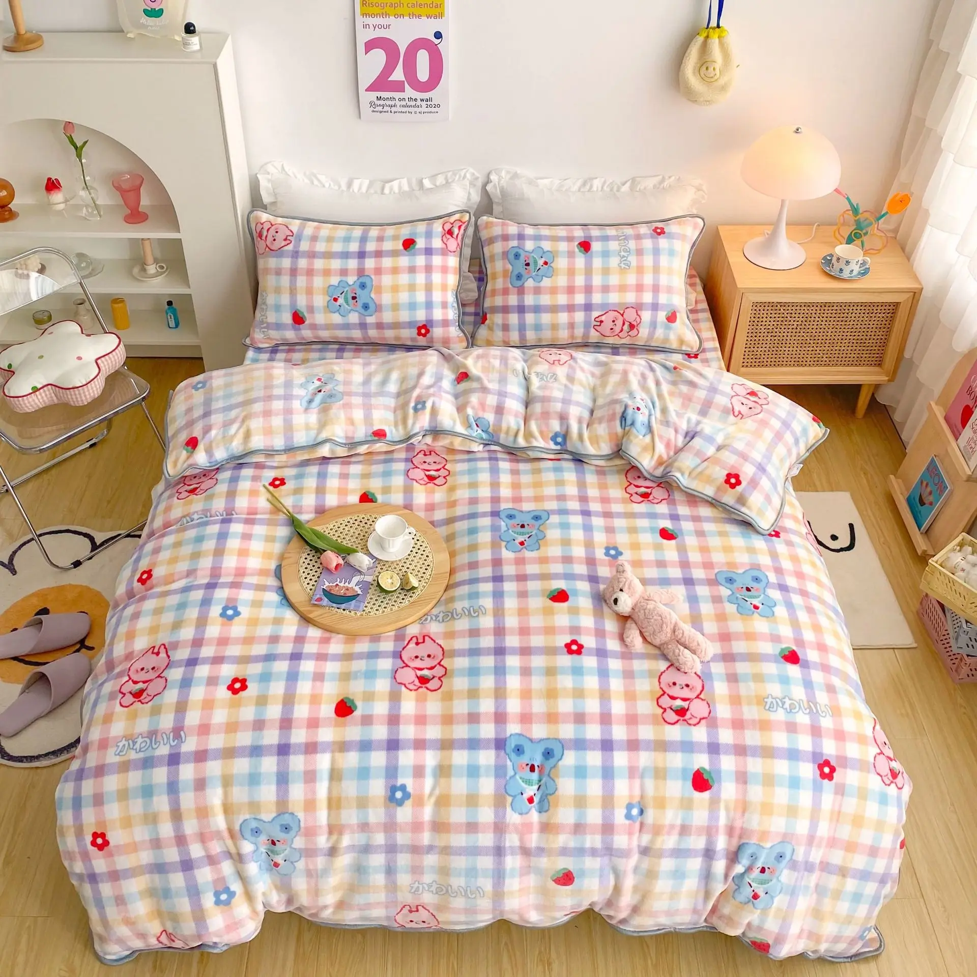 

Korea ins high-end warm milk fleece 4-piece set autumn and winter thickening set baby Velvet crystal falai 3-piece set