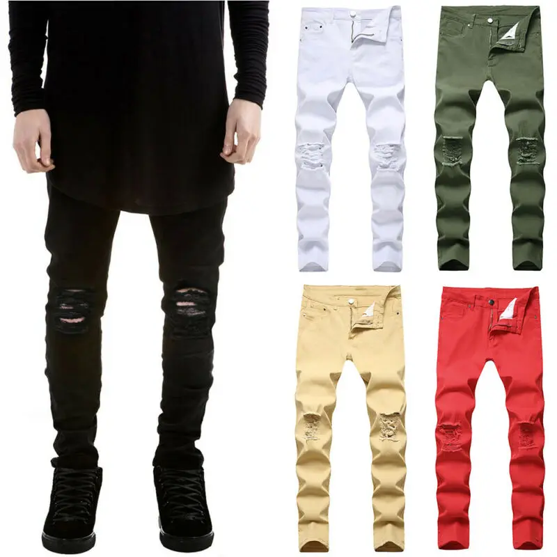 

Mens Skinny Stretch Ripped Denim Jeans Slim Fit Biker Trousers Distressed Pants