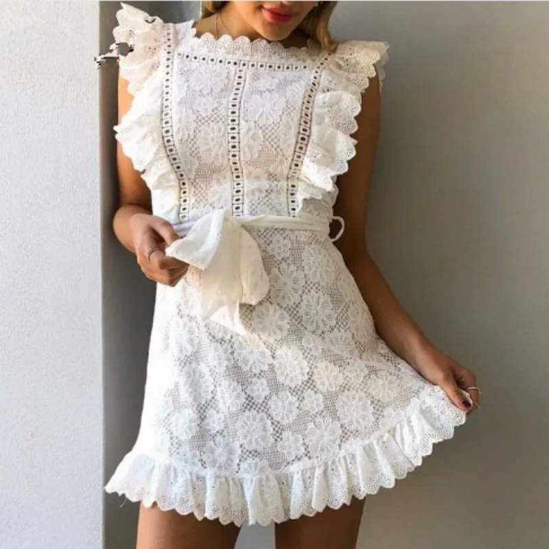 

Lace White Dress Woman Night Club Summer Women's Dress 2021 Sleeveless Square Collar Lace-up Vintage Casual Women's Dresses