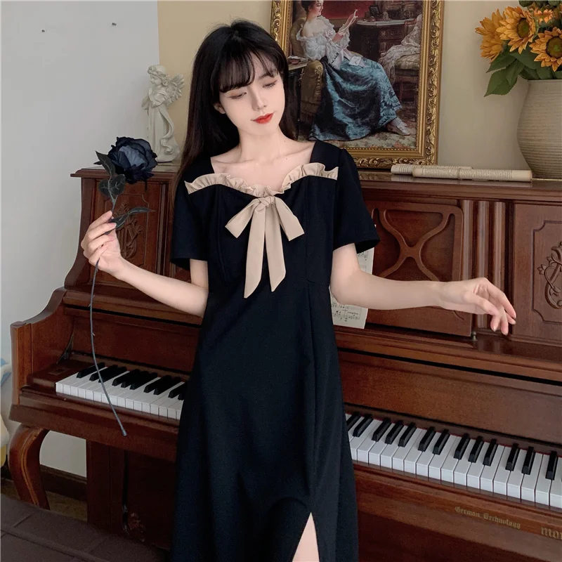 

Moda Feminina New Summer Womens Clothing Street Style Casual A-line Square Collar Oversize Split Fork Slim Dresses Ankle -length