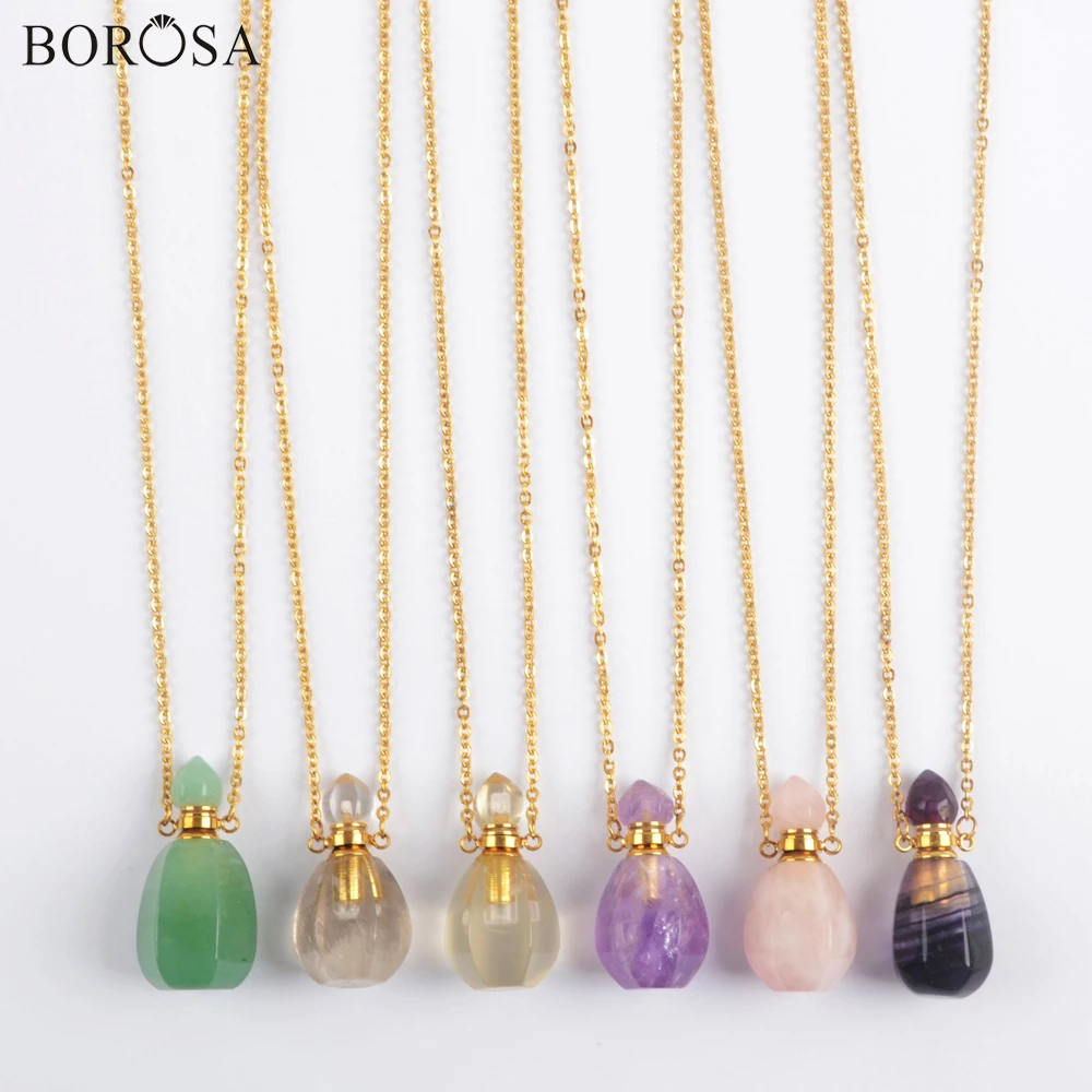 

BOROSA 3Pcs Gems Stones Perfume Bottle Pendant Necklace in Gold Faceted Natural Amethysts Fluorite Essential Oil Necklace WX1605
