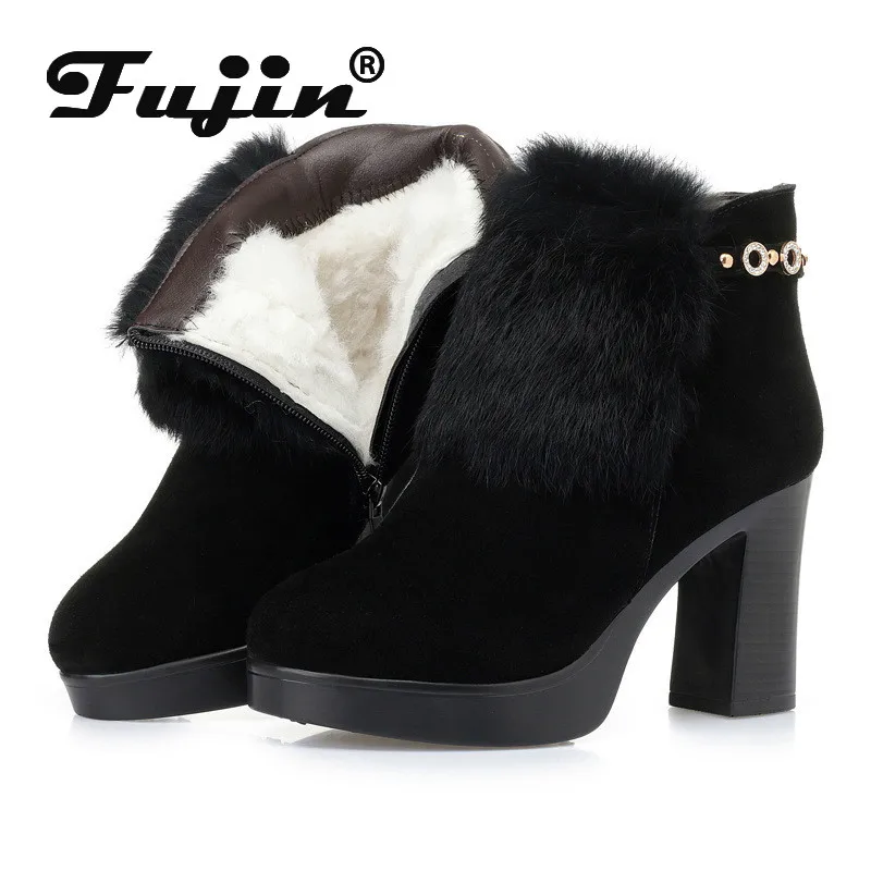 Fujin/шерстяные женские зимние сапоги из натуральной кожи Теплые меховые на