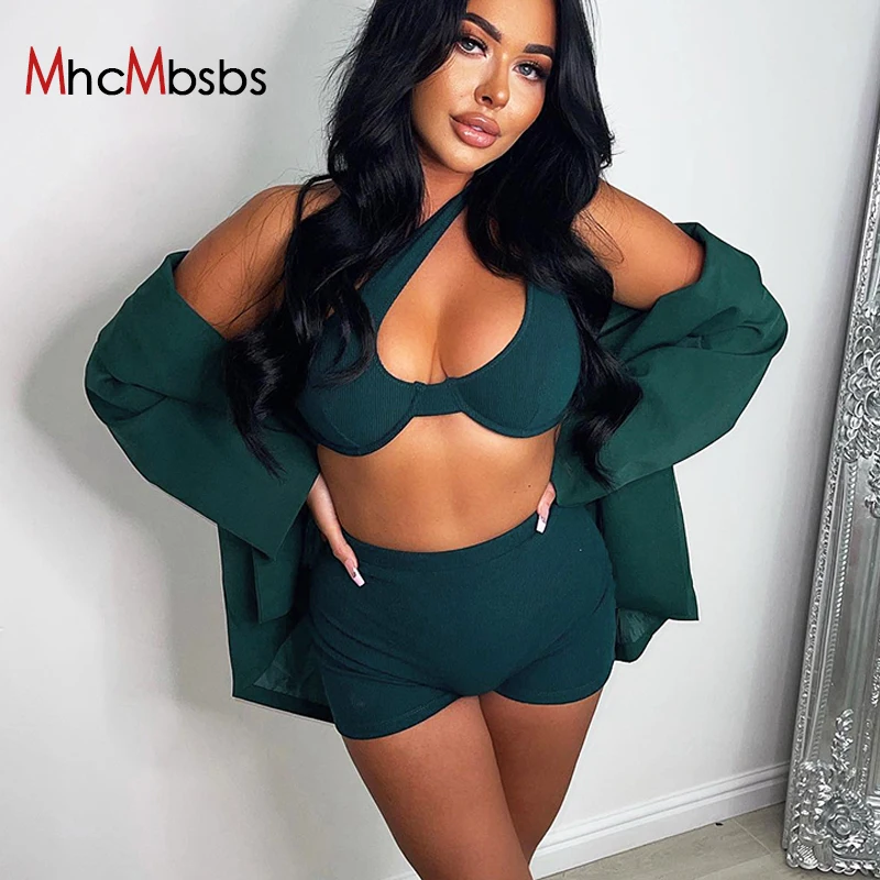 

Two Piece Set Women Ribbed Tracksuits Sexy Slant Shoulder Cut Out Camisole+High Waist Skinny Shorts Outfits 2022 Summer Joggers