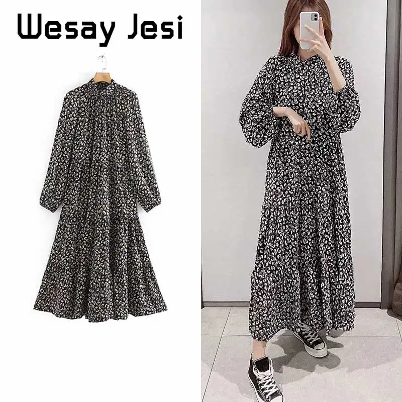 Элегантное женское осеннее винтажное платье с круглым вырезом и длинным рукавом