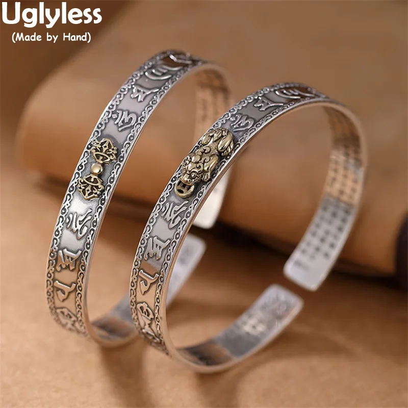

Uglyless Brass Brave Troops Vajra Bangles for Women 990 Thai Silver 9MM Wide Bangle Six-word Mantra Heart Sutra Buddhism Jewelry