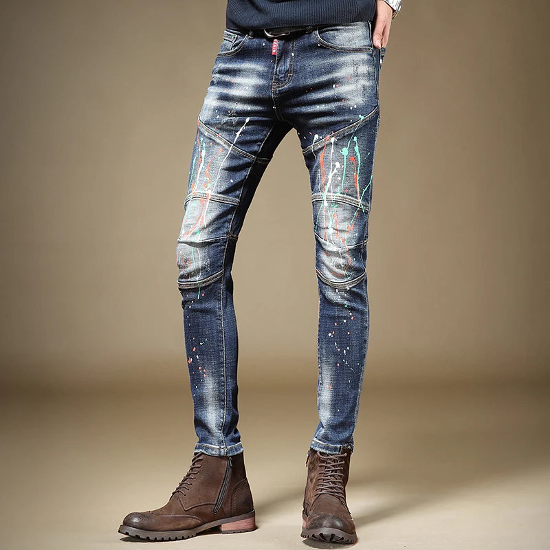 

Джинсы модные мужские с рисунком в стиле пэчворк хип-хоп Уличная одежда синие джинсовые облегающие брюки-карандаш