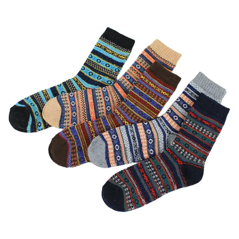 

5 Pairs Mens Vintage Faux Wool Knit Crew Socks Color Block Stripes Warm Hosiery D08E