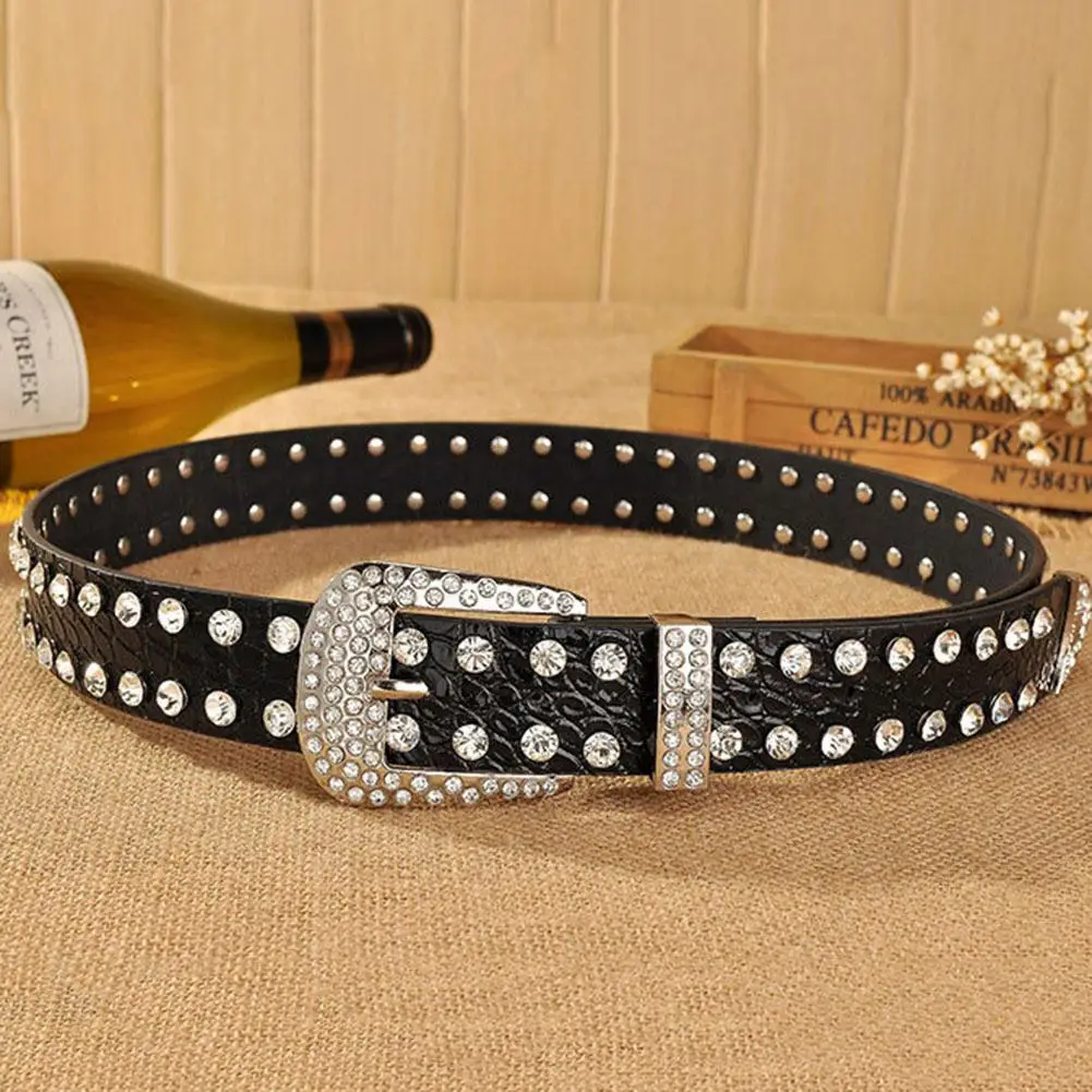 

New Fashion Women Leopard Rhinestone Inlaid Soft Faux Leather Belt Buckle Waistband