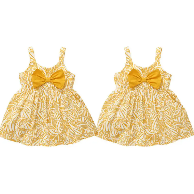 

Girls Suspender Dress Summer Lovely Yellow Dot Print Bow Decorative Skirt Sleeveless Cotton Loose Casual Fashion Baby Dresses