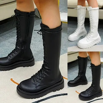White Black PU Leather Long Boots Women Autumn Winter Fashion Round Toe Lace Up Platform Shoes Retro Combat Boots Botas De Mujer 1
