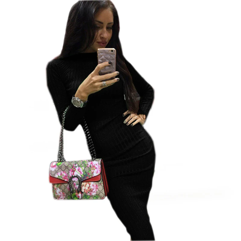 

2020 Women's Autumn Spring Dresses Sexy Sheath Slim Solid Bodycon Dress Long Sleeve Elegant Package Hip Midi Dress Female