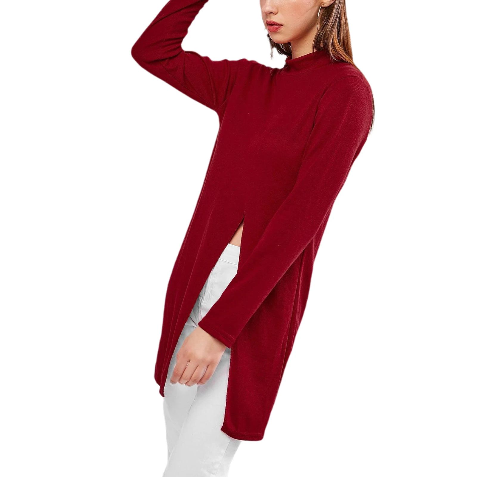 

Women Sexy Knitted Sweater Solid Color Long Sleeve Round Neck High Split Pullover Thin Loose Sweaters Plus Size