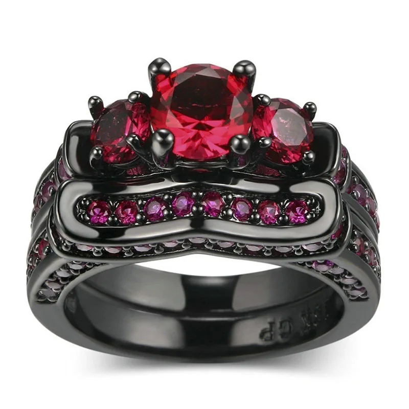 

2 Pcs/Set Vintage Style Black Inilaid Red Crystal Zircon Rhinestone Female Ring Set for Women Party Jewelry Size 6-10