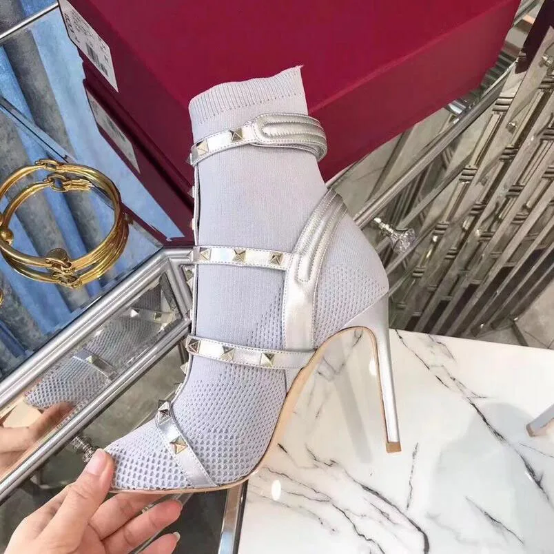 Botas de calcetin mujer punto comodidad botas tobillo tacón alto cuadradas moda puntiagudos zapatos elarsticos|Женские