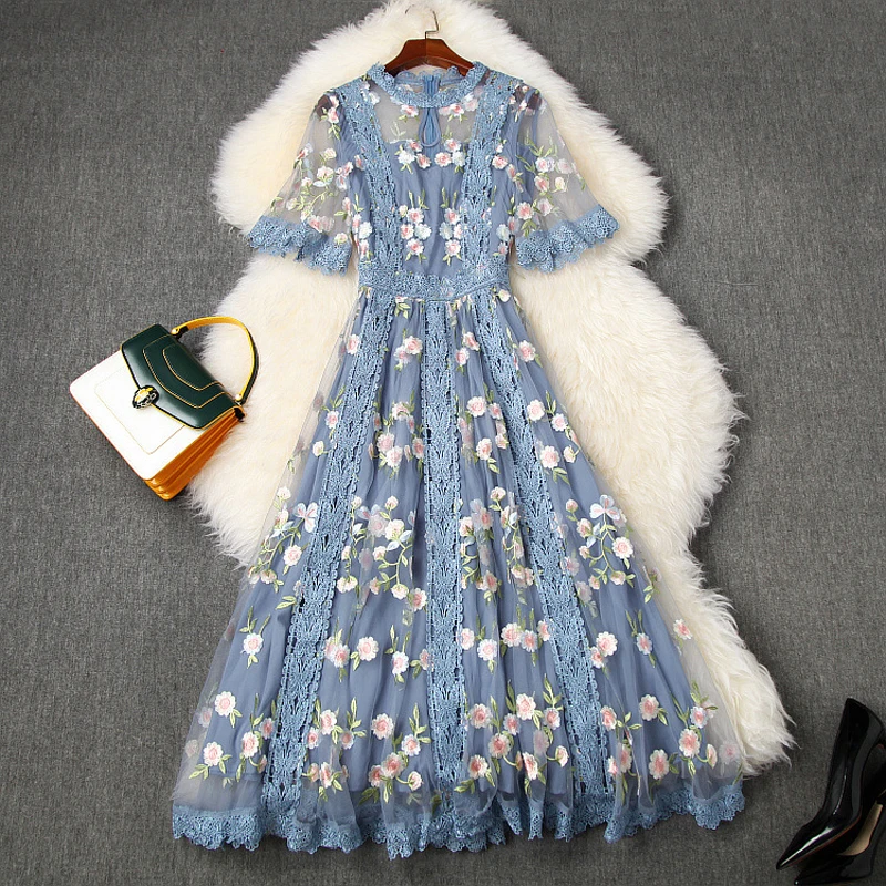 

New Women Openwork Mesh Embroidery Knee Length Swing Fairy Lace Dress N6