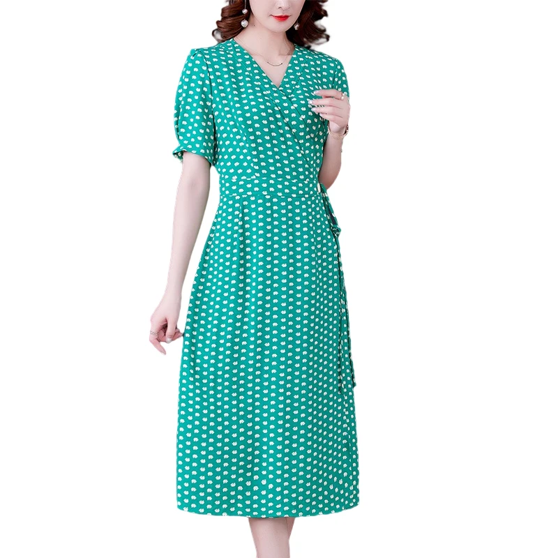 

Summer Dress Women 2021 New Office Lady Vintage French Style Print Short Sleeve Single Button High Waist Belt V-Neck Dresses
