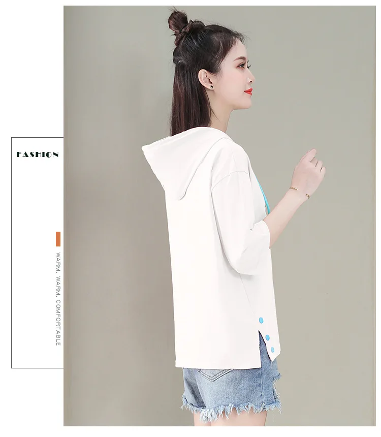 

Three-quarter sleeves hooded sweatshirt women's summer new simple and thin cotton loose and thin all-match T-shirt top