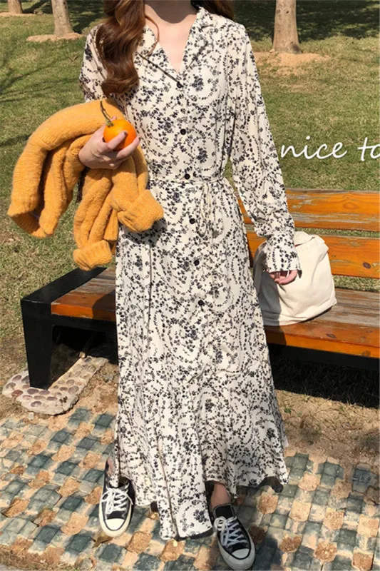 

Wavsiyier Print Floral 2020 Elegant Autumn A-line Party Long Sleeve Woman Korean Style Dress Women Vintage Dresses Spring Loose
