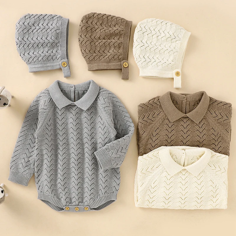 Детская одежда однотонный трикотажный комбинезон с длинным рукавом и шляпа для