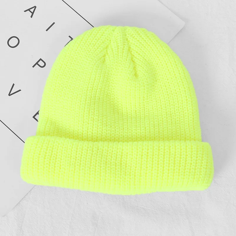 Fluorescent yellow Новая зимняя шапка для маленьких мальчиков и девочек, кепка для уличных танцев, мягкая теплая детская шапочка, вязаная крючком эластичная вязаная шапка, Детская Повседневная теплая шапка - Цвет: Fluorescent yellow