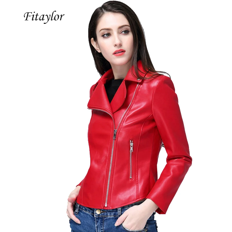Fitaylor новинка 2019 красная черная кожаная куртка для женщин искусственная кожа