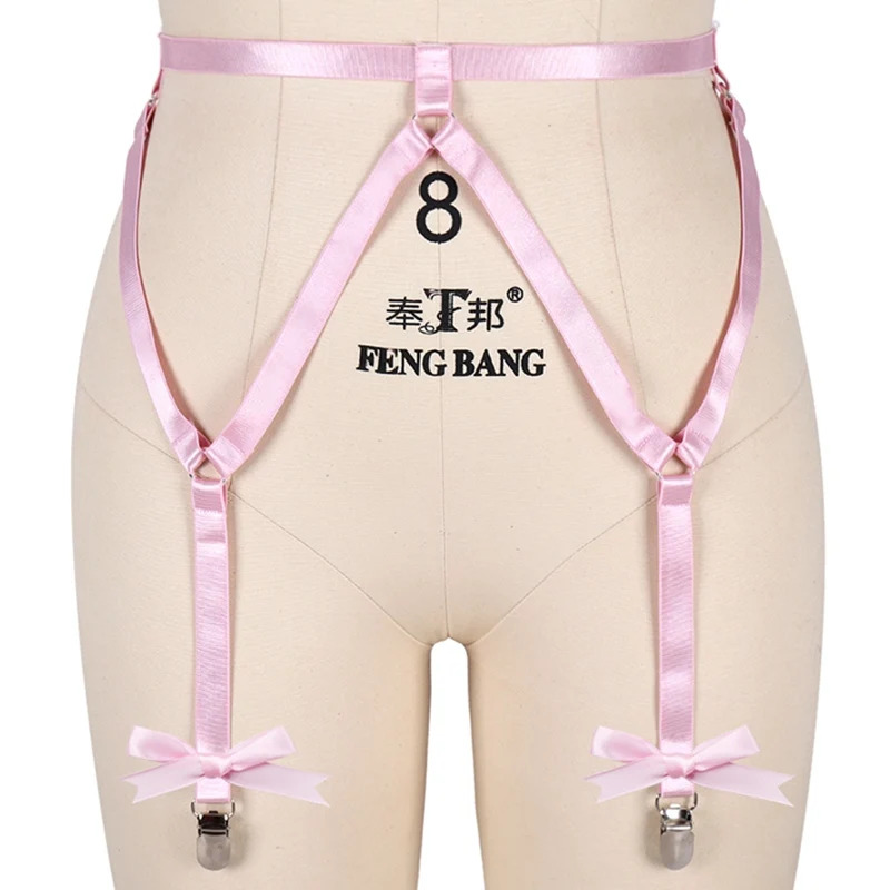 Kawaii Pink Bow Garter Belt Cage Waist Stockings Suspender Belt Strap Elastic Adjust Hollow Out Bondage Harness Goth Fetish Wear