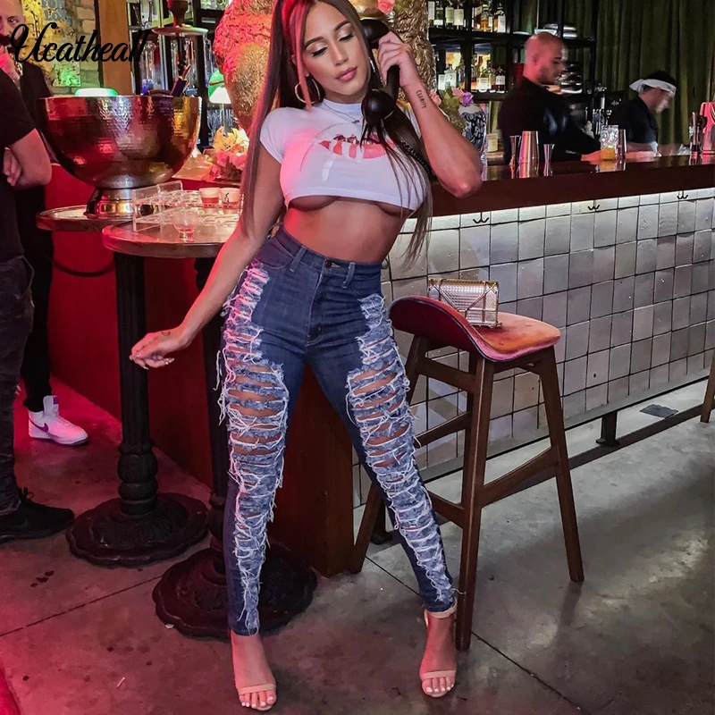 Пикантные женские летние джинсы с высокой талией рваные потертые облегающие