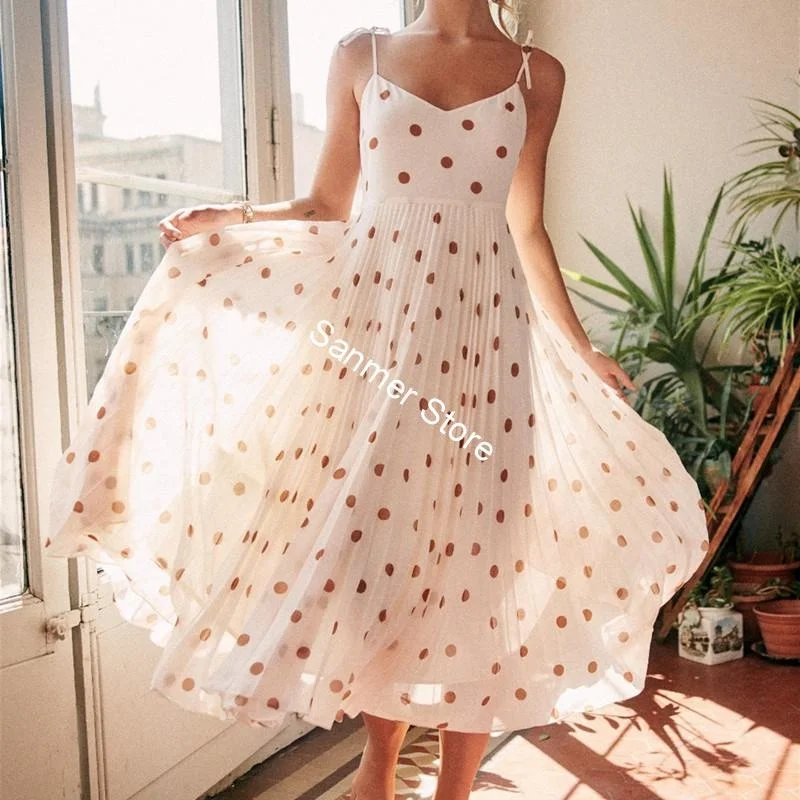 

Two Color Women Pleated Dot Printing Mid-Calf Sling Dress Spaghetti Strap Backless Sleeveless Lace-up Holiday Style Dress