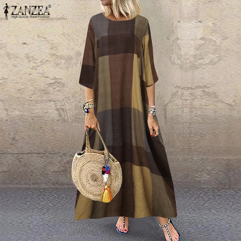 Женский сарафан в клетку ZANZEA повседневное длинное винтажное Праздничное Платье