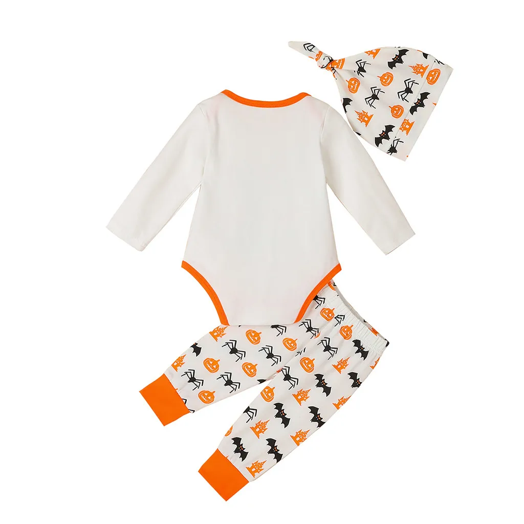 

Girl Romper Fashion Newborn Infant Baby Boys Girls Letter Romper Pants Hat Halloween 3pc Outfits Set