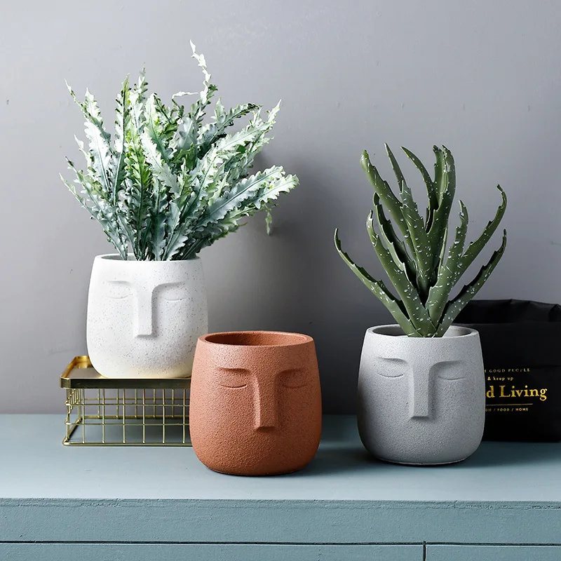 

Unglazed Plant Pot Cement Head Planter with Drainage Hole Face Vase Modern Statue Flower Pot Home Decoration Indoor Outdoor