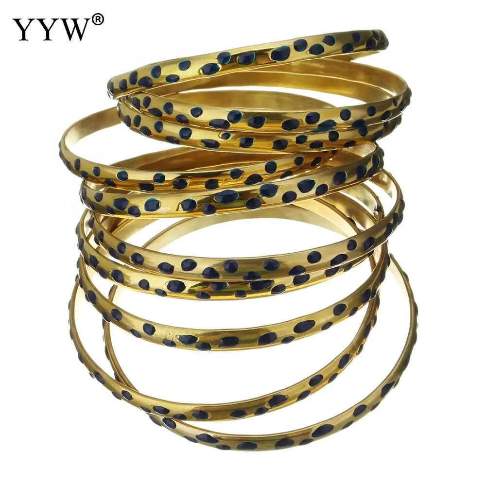 

10pcs/Strand Wrist Bracelets For Women Dots Prints Stainless Steel Bangle Set Gold Color Plated For Women 68mmX5.5mm Bilezik