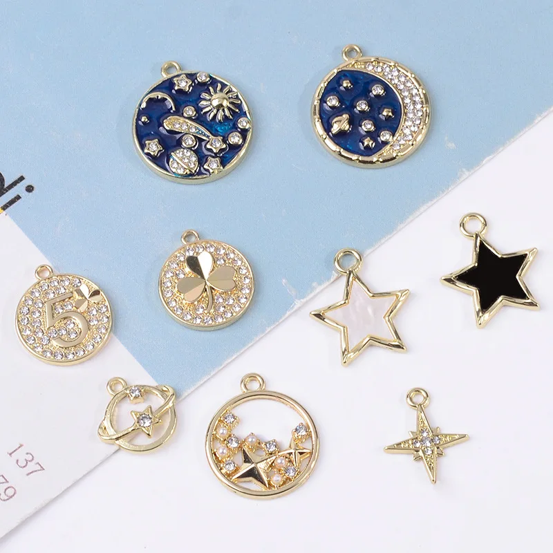 50pcs DIY alloy oil dripping moon planet star accessories new bracelet pendant color preserving electroplating jewelry making