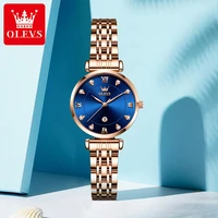 olevs fashion top brand blue dial quartz watches ladies luxury diamond rose gold stainless steel strap waterproof women watch