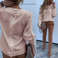 elegant new puff shoulder blouse shirts office lady autumn metal buttoned detail blouses women pineapple print long sleeve