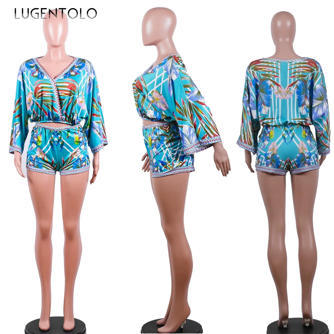 

Women Two Piece Set Top and Pants Summer Chiffon Print Bohemian V-neck T-shirt Fashion Casual Shorts Female Sets Lugentolo