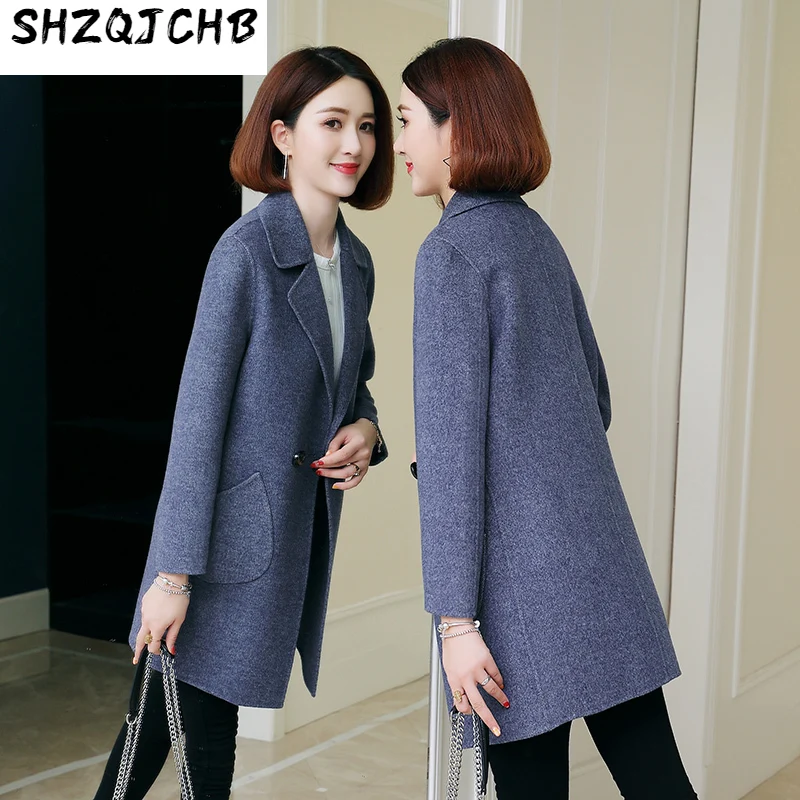 

Женское двухстороннее твидовое пальто SHZQ, средней и большой длины, осенне-зимнее пальто из 100% шерсти, облегающее кашемировое пальто