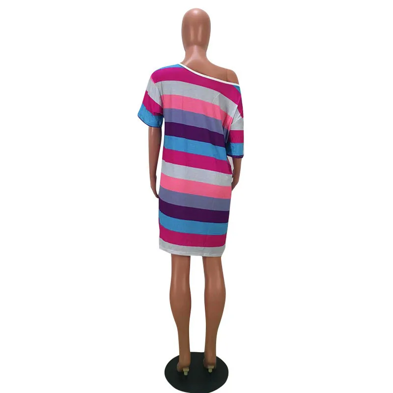 HAOYUAN Радужное Полосатое платье размера плюс, женская одежда Vestidos, повседневное свободное мини-платье с коротким рукавом, платье-рубашка размера d