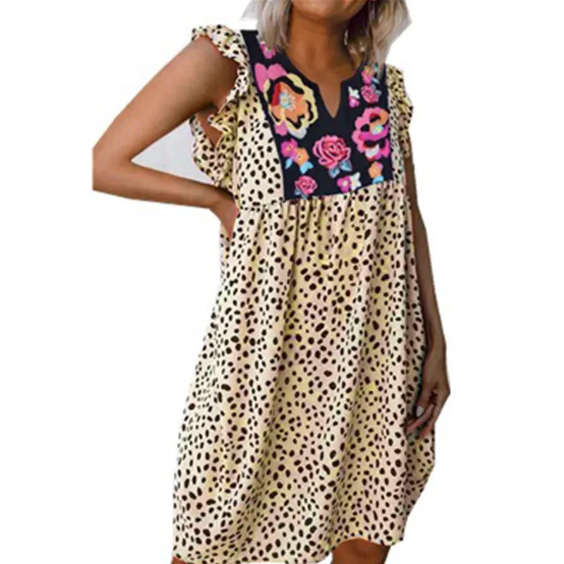 

Mini Dress Leopard Print Butterfly Sleeve Summer Dresses Floral Print Loose V Neck Sleeveless Shirt Elegan Fashion Dress