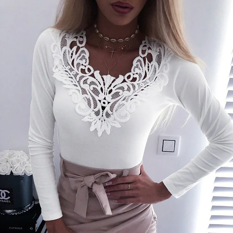 

2020 Women's Lace Hollow Out T-Shirts Female Solid Long Sleeve Blouse Elegant Sexy Party V-Neck Backless Slim Tops Clothes 5XL