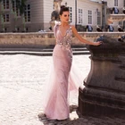 Розовое платье для выпускного вечера без рукавов с кружевной аппликацией и открытой спиной