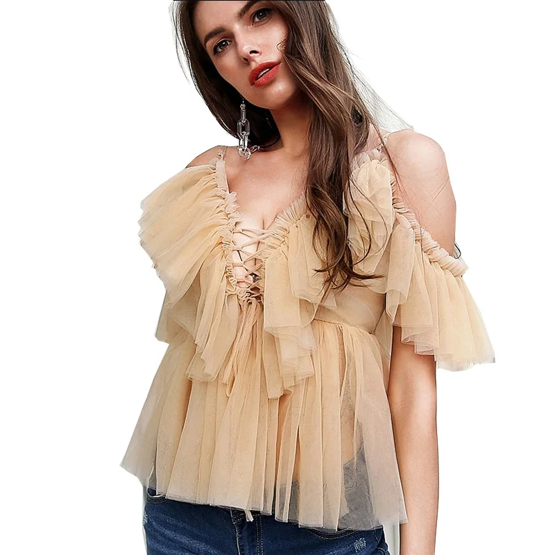 Сексуальные женские шифоновые блузки и топы летние со складками с открытыми