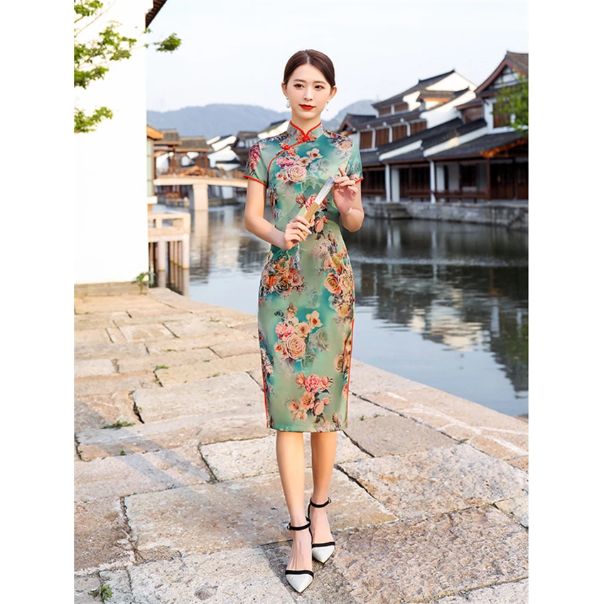 Женское платье Ципао в китайском стиле винтажное элегантное с коротким рукавом и