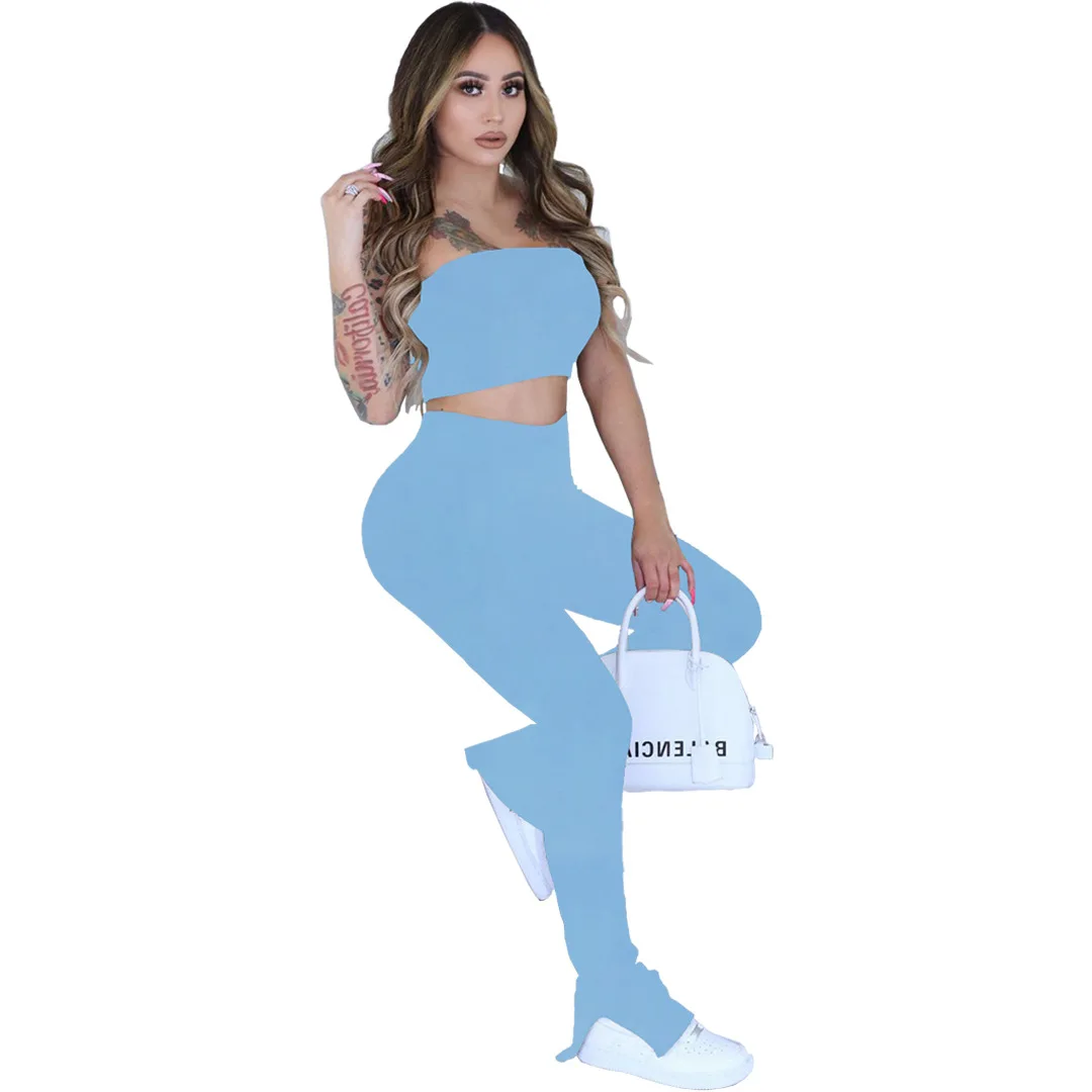 Simple Pure Color Strapless Sleeveless Crop Top And Leggings 2 Pieces Set Sexy Tight Club Tracksuits |