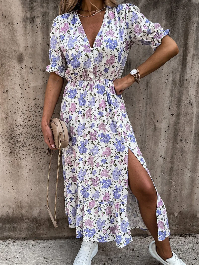 

2021 spring and summer printed short-sleeved V-neck waist slit dress women