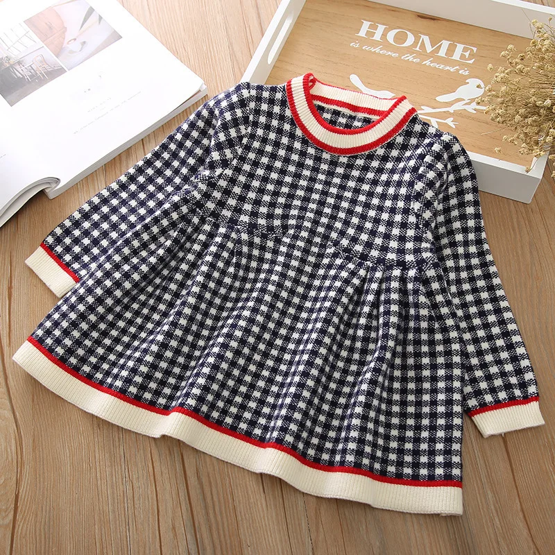 

Girls Dress Plaid Knitted Dress For Toddler Girl Dress Kids Autumn Winter Children Clothing O-Neck Elegant Temperament Dress